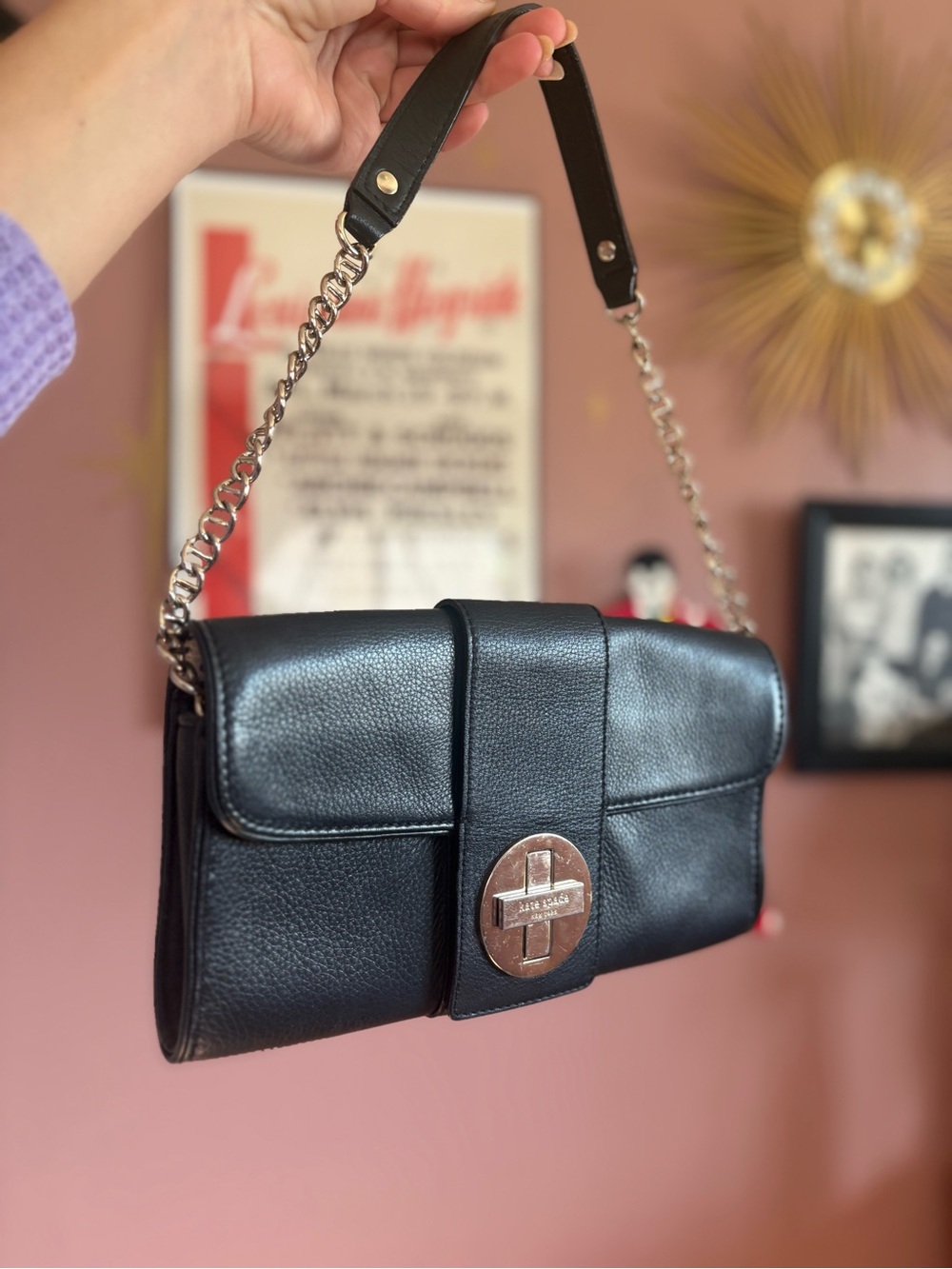 Black Leather Kate Spade Chain Strap Shoulder Bag